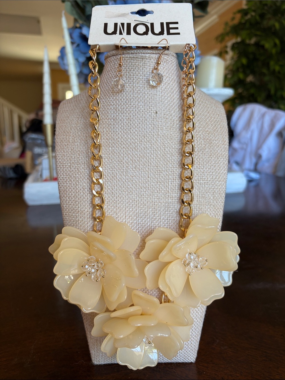 Nique Gold-Chain Cream Floral Necklace with Crystal Accent Earrings